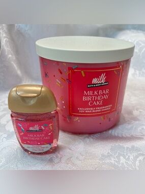 Bath & Body Works Milk Bar Birthday Cake Candle 3-Wick & Hand Sanitizer Gel NWT